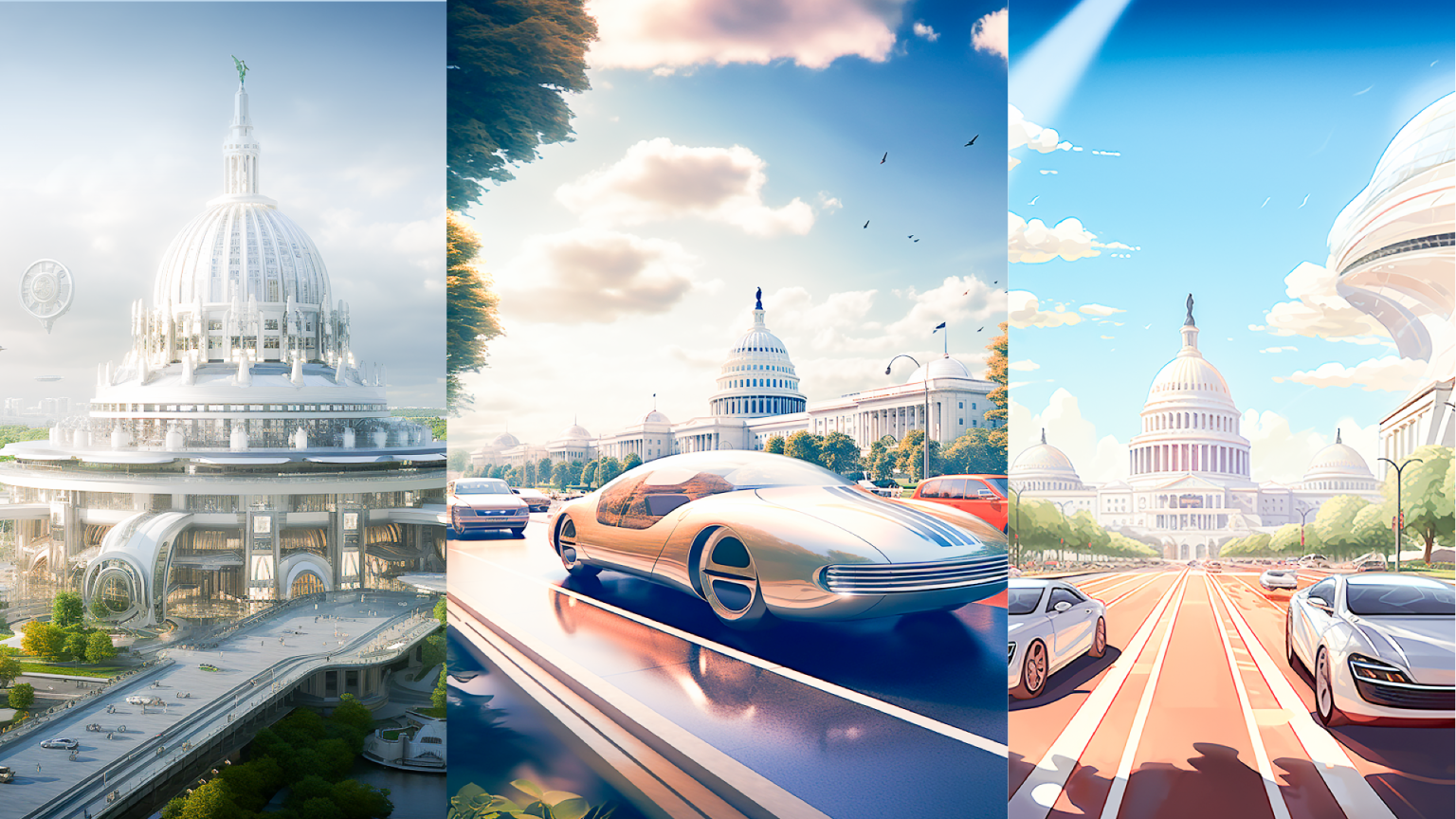 futuristic washington dc landscape with futuristic cars