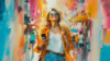 woman using mobile phone walking through city in abstract painting style