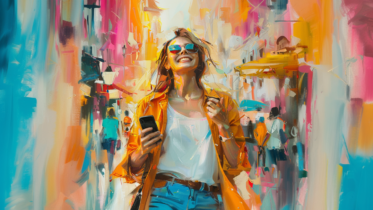 woman using mobile phone walking through city in abstract painting style