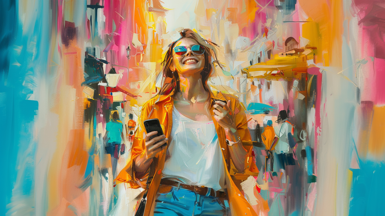 woman using mobile phone walking through city in abstract painting style