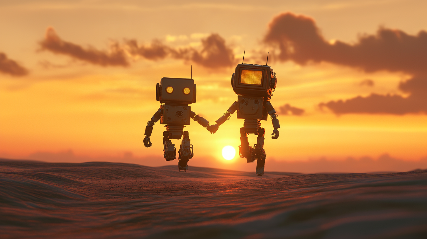 two robots holding hands running along the beach at sunset