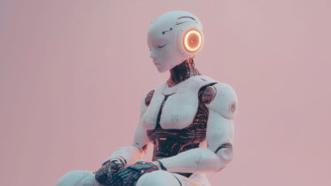 ai humanoid robot sitting waiting in a pink room